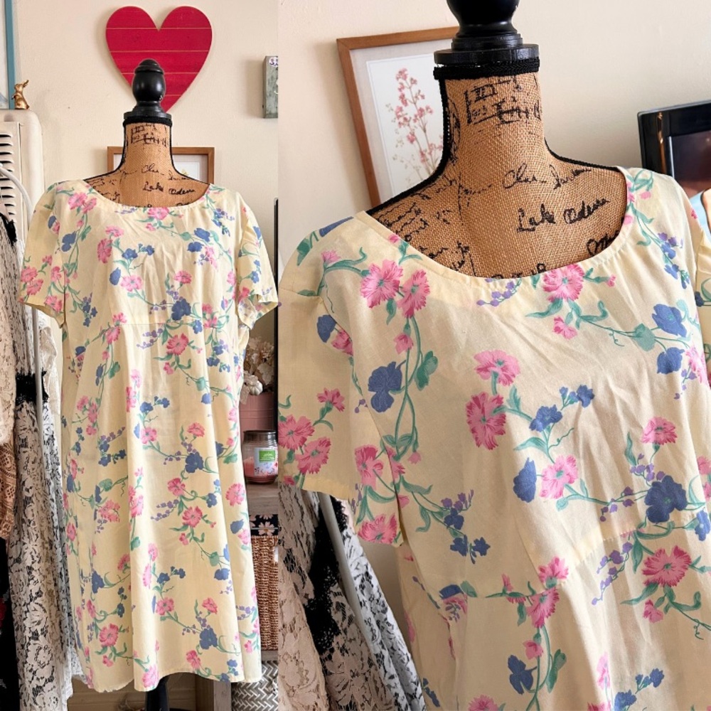 Vintage Cream Floral Midi Dress with Pink & Blue Blooms